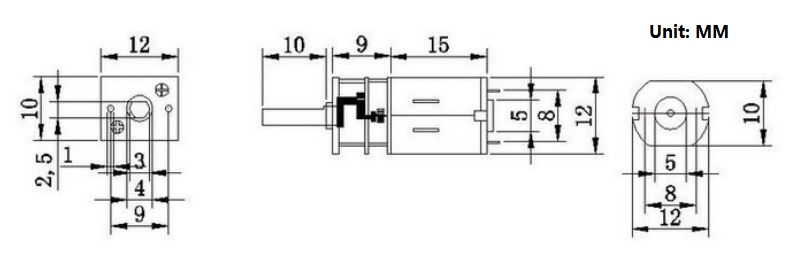 mini dc gear motor ga-1215 dimension