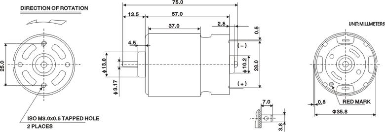mini dc motor rs-555 dimension